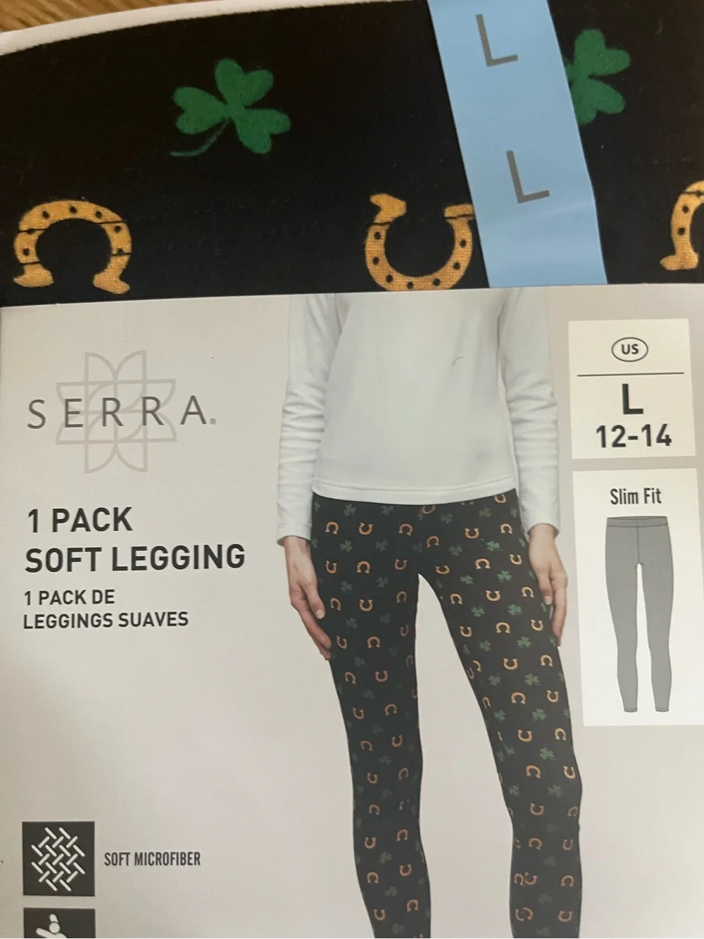 Serra Black Leggings with Gold Horseshoe and Green Clover Print